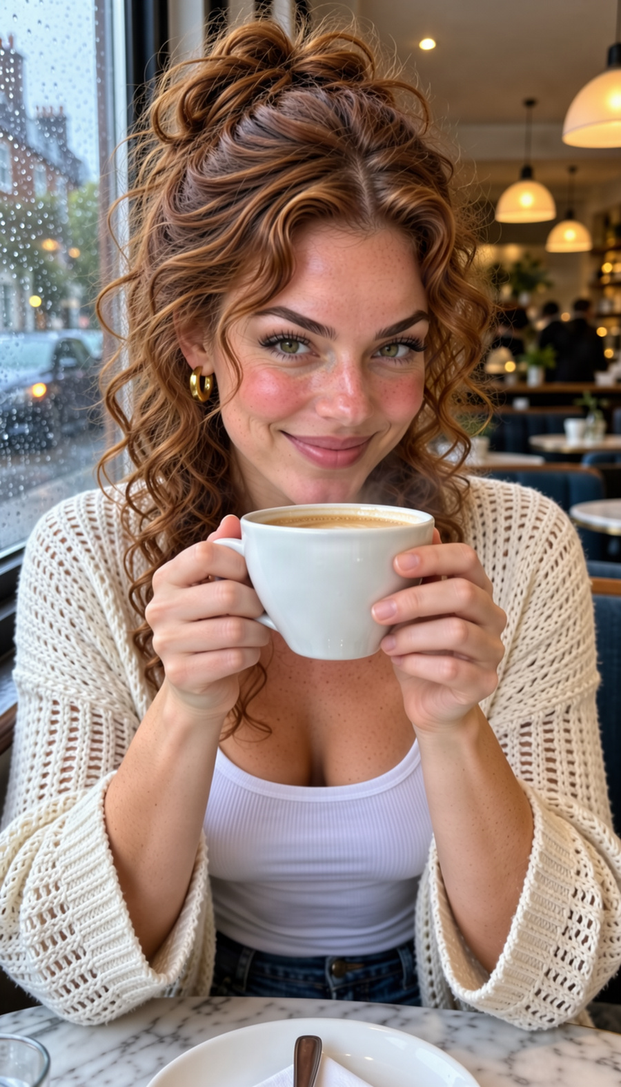 Lyra holding a flat white close to her face